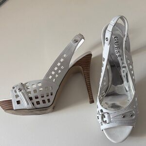 Guess White Peep-Toe Slingback Heels